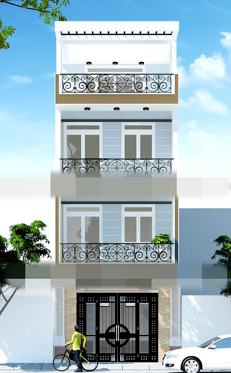 Điểm nhấn đặc biệt trong thiết kế mặt tiền nhà phố 4 tầng là khung lan can được trang trí với những đường nét hoa văn uốn lượn, mềm mại. Ảnh: Xaydungnamlong.