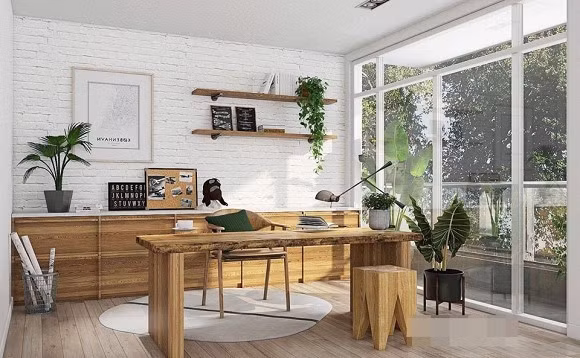 Phòng làm việc thoáng mát, mở cửa ra là thấy cả khu vườn.