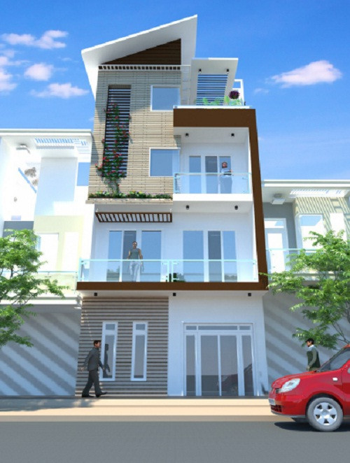  Mẫu nhà phố 3 tầng mái lệch phủ lên mình lớp sơn trắng nhẹ tinh tế, kết hợp cùng đường nét kiến trúc chắc chắn, tao nhã. Ảnh: Dichvuxaydung.