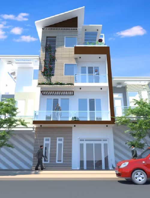  Mẫu nhà phố 3 tầng mái lệch phủ lên mình lớp sơn trắng nhẹ tinh tế, kết hợp cùng đường nét kiến trúc chắc chắn, tao nhã. Ảnh: Dichvuxaydung.