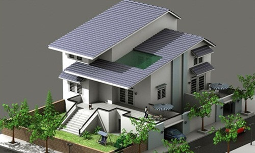 Nhà 3 tầng thiết kế theo phong cách hiện đại. Tầng 1 bố trí 2 gara ô tô, phòng khách, phòng ăn và phòng làm việc nhỏ. Ảnh: Kientaoviet.