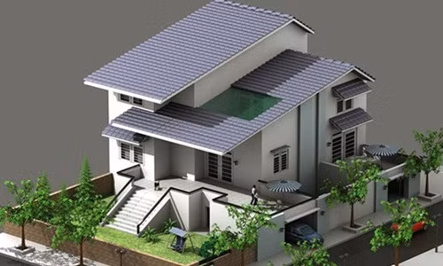 Nhà 3 tầng thiết kế theo phong cách hiện đại. Tầng 1 bố trí 2 gara ô tô, phòng khách, phòng ăn và phòng làm việc nhỏ. Ảnh: Kientaoviet.