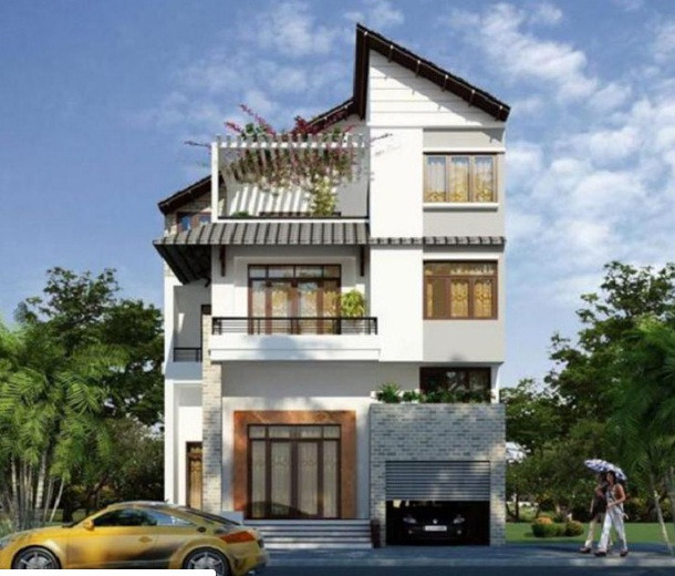 Nhà phố mái lệch bố trí mặt tiền hở, gara để xe rộng, bên trên có sân vườn vừa trang trí vừa có tác dụng chống nóng. Ảnh: Thietkepro.