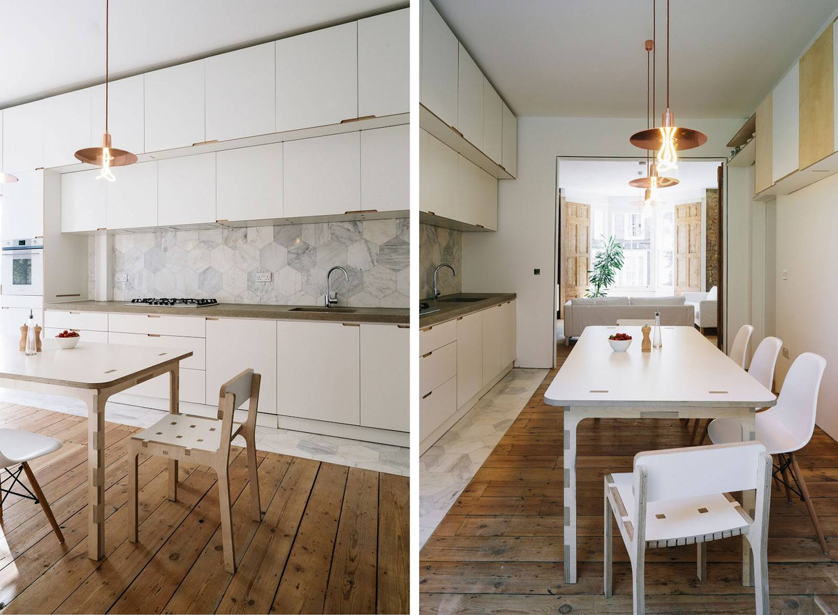 Bóng đèn thả trần mang đến hiệu ứng thẩm mỹ cho nhà bếp.