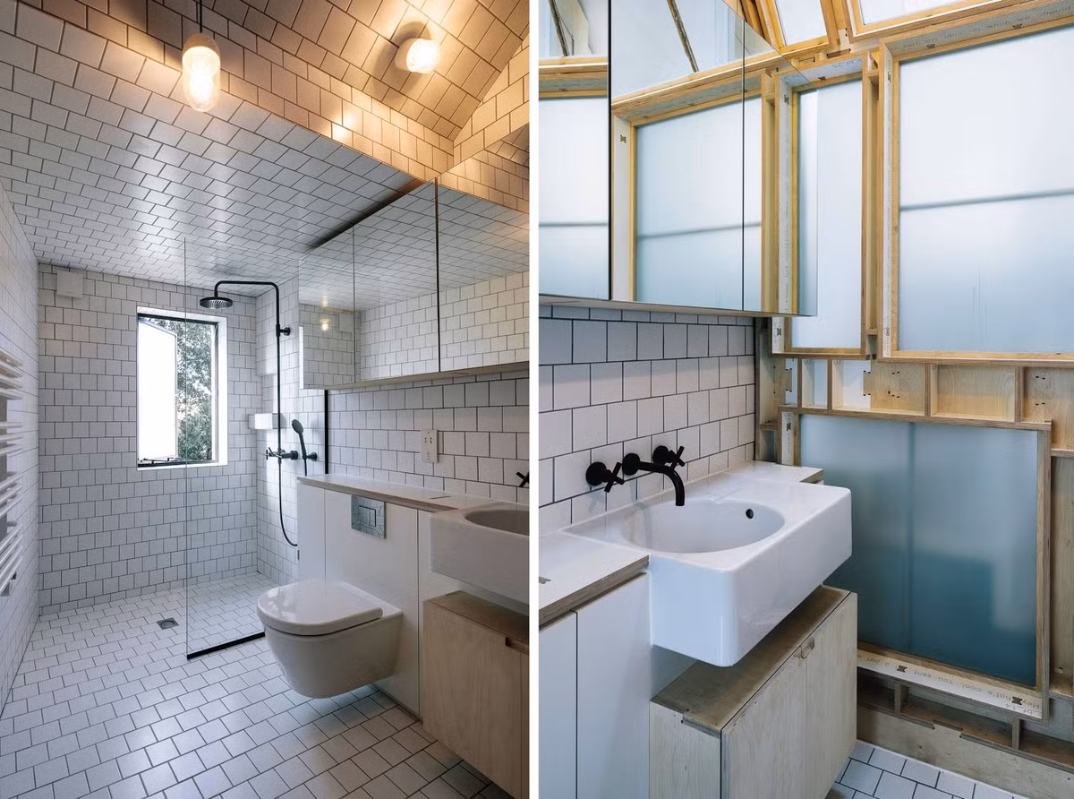 Phòng tắm đơn giản với gạch trần và gam màu trắng chủ đạo. Nguồn ảnh: Yellowtrace.