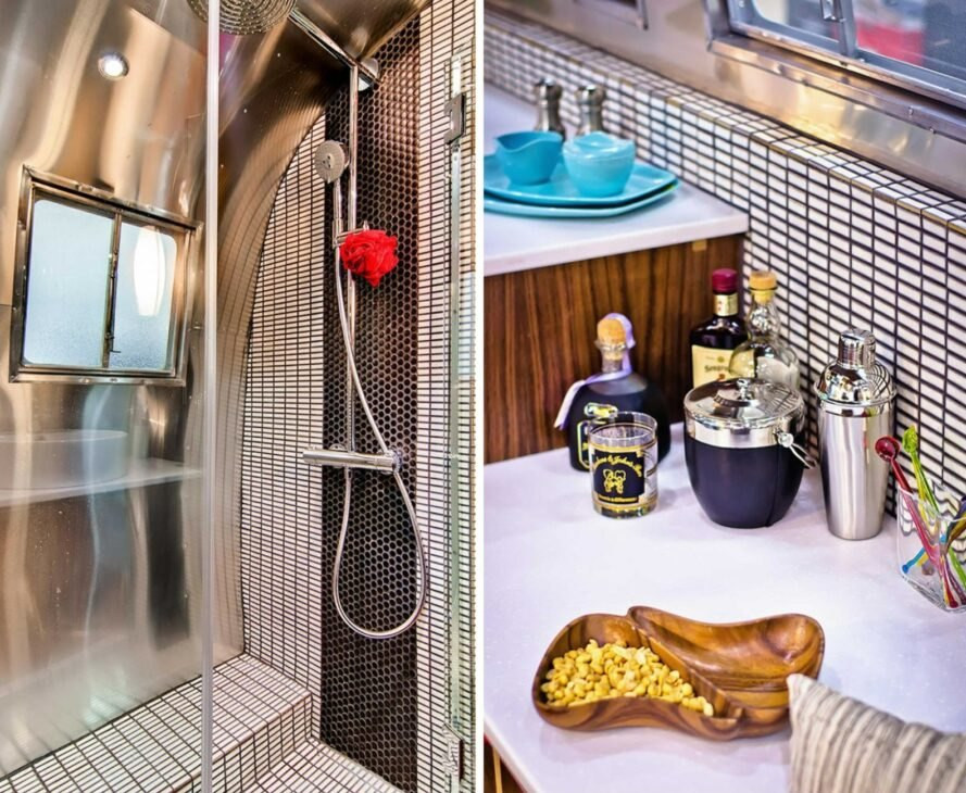 Phòng tắm sang trọng với gạch ốp đen trắng hình học.