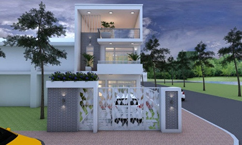 Mẫu thiết kế nhà phố xanh 6x15m với mẫu cổng lạ mắt. Ảnh: Holcim.