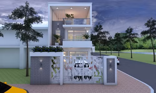 Mẫu thiết kế nhà phố xanh 6x15m với mẫu cổng lạ mắt. Ảnh: Holcim.