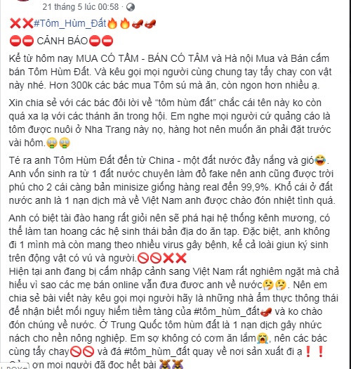 Nhiều quản lý nhóm bán hàng kêu gọi mọi người tẩy chay loài tôm hùm đất này. Ảnh chụp màn hình Facebook.