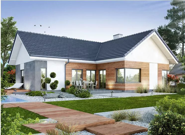  Nhà cấp 4 chữ L được ưa chuộng ở các vùng nông thôn bởi có thể kết hợp mặt sân thoáng mát và sân vườn một cách tiện lợi nhất. Ảnh: Holcim.