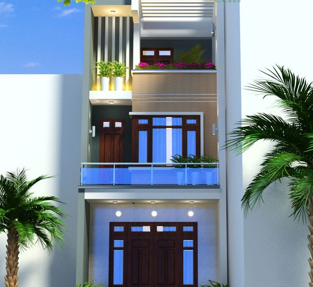 Vẻ đẹp của ngôi nhà 2 tầng 1 tum đến từ sự phân chia tỉ lệ hình khối có tính bất cân đối. Các góc vuông và hình khối lập phương được lồng ghép, đan cắt hài hòa. Ảnh: Maunhadepmoi.