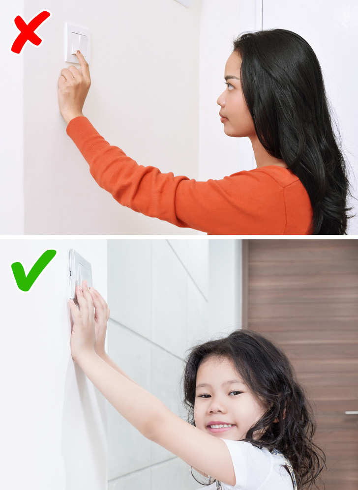 Đặt sai vị trí công tắc đèn. Nếu đặt công tắc đèn quá cao, trẻ sẽ khó tiếp cận và nếu đặt gần bản lề, buộc bạn phải vào bóng tối mới bật được đèn. Tốt nhất nên đặt công tắc đèn cách tay nắm cửa 60cm. Trong phòng ngủ, nên có 2 công tắc đèn: một ở lối vào và một ở gần giường.