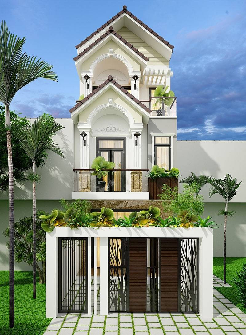  Nhà 3 tầng mái thái pha nét tân cổ điển ấn tượng với dàn cây xanh phía trước. Ảnh: Cdmax.