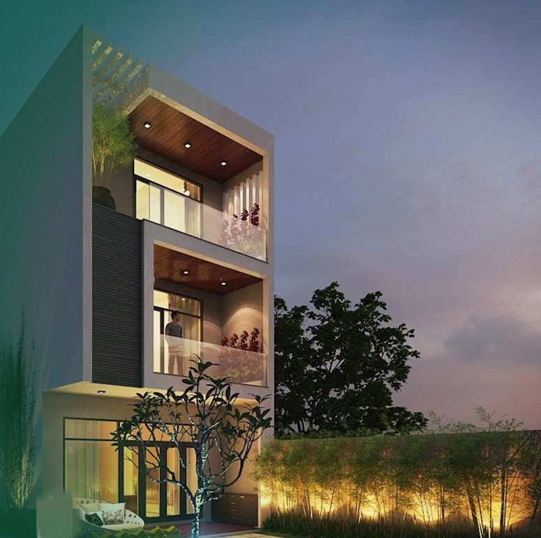 Trên khu đất 5x30m, gia chủ chỉ xây 5x17m, còn lại là diện tích cho sân vườn thoáng mát. Ảnh: Thietkenhahanoi.