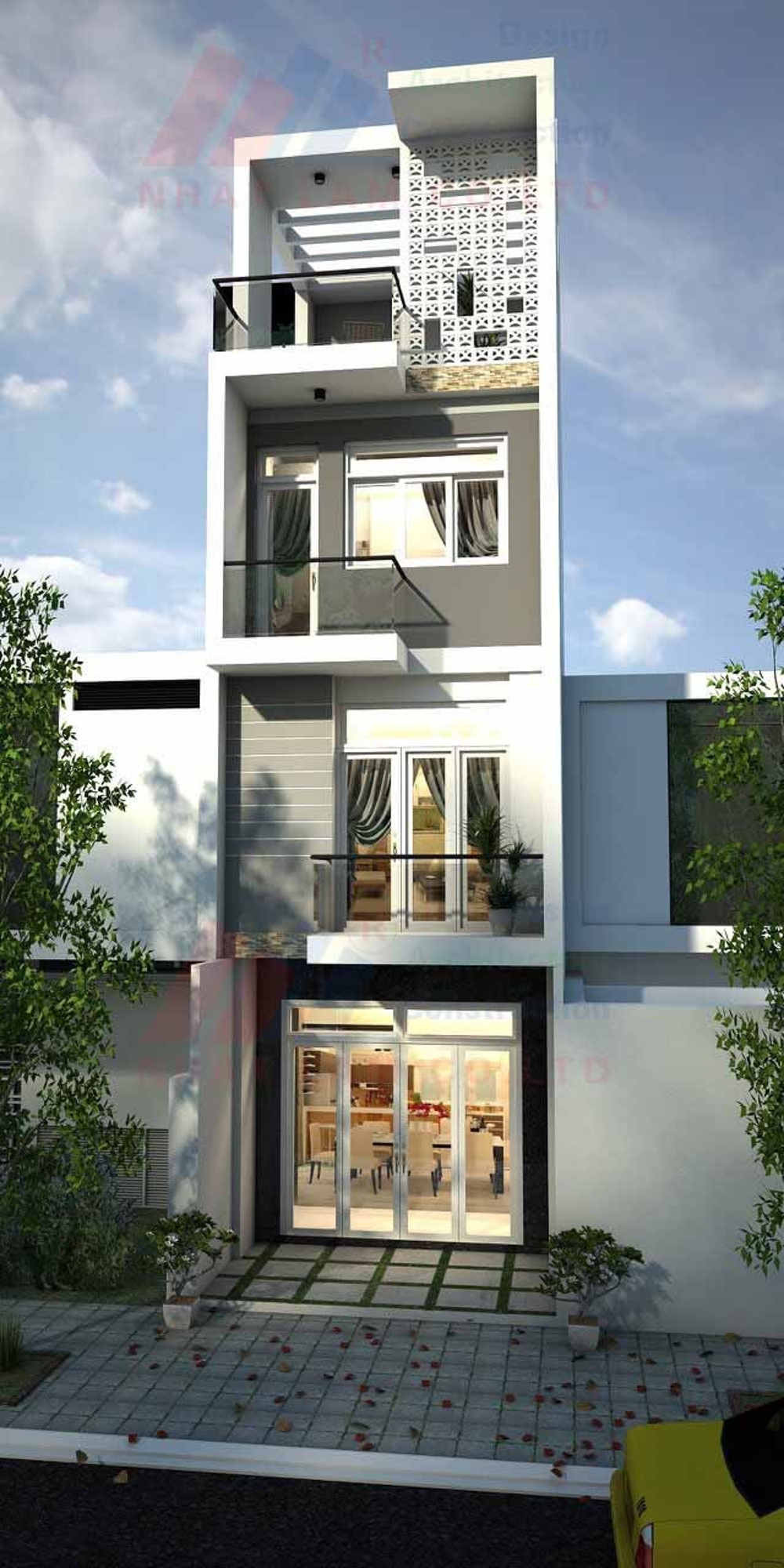 Ngôi nhà sử dụng mái bằng đơn giản nhưng thiết kế lệch tầng để đảm bảo sự thông thoáng. Ảnh: Kientrucnhatlam.