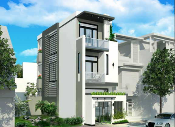  Nhà 3 tầng thiết kế đơn giản gồm 2 phòng ngủ, 1 phòng khách và sân thượng có mái che. Ảnh: Kientrucsuvietnam.