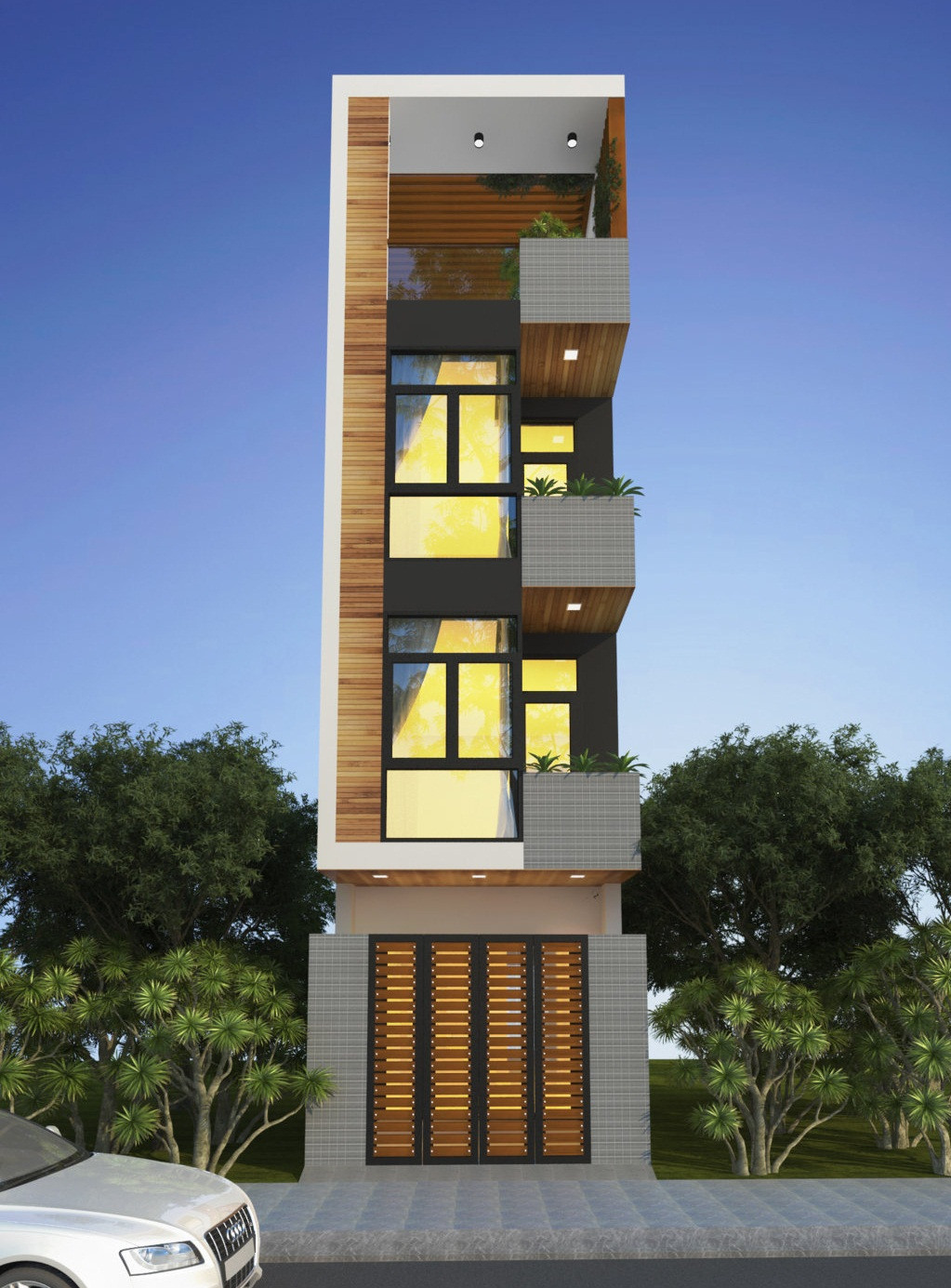  Mẫu nhà ống 3 tầng 50m2 có sự phân chia tỷ lệ màu sắc hài hòa giữa trắng và đen. Các bức vách bằng kính kết hợp hệ thống ánh sáng vàng trong nhà phản chiếu ra giúp không gian kiến trúc thông thoáng và trang nhã hơn. Ảnh: Kientrucmoi.