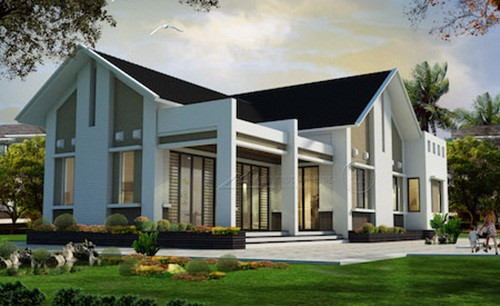 Không cầu kỳ về chi tiết trang trí, biệt thự 1 tầng tập trung cho hệ thống cửa hiện đại và hoa cỏ sân vườn. Ảnh: Kientrucanhung.