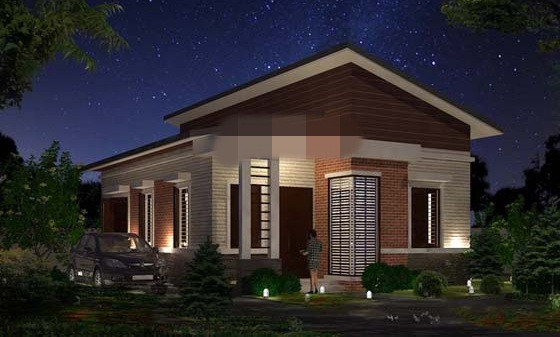 Biệt thự mái lệch sử dụng kiến trúc đơn giản, màu sắc trầm ấm, gạch ốp tường thô mộc ngoài mặt tiền. Ảnh: Angcovat.