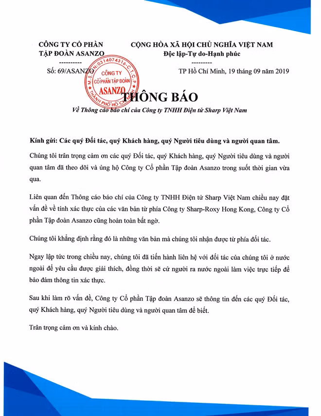 Bi Sharp Viet Nam to gia mao chung tu hop tac, Asanzo noi 