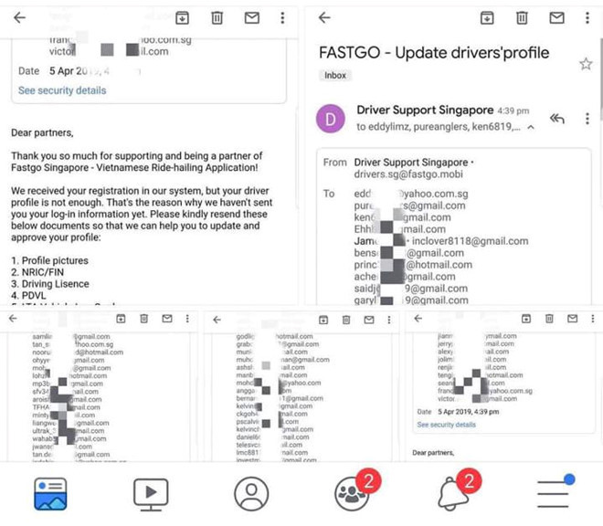 FastGo co the bi phat vi lo thong tin hang tram tai xe Singapore