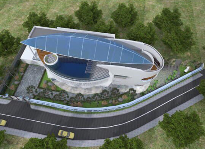 Căn biệt thự tọa lạc trên mảnh đất rộng 3.200m2, thiết kế hình chiếc lá như một mái che, phía dưới là bể bơi rộng ở tầng thượng, là nơi vui chơi của đàn con.