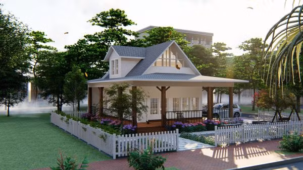 Khối mái đua rộng cùng với những gam màu trung tính tạo nên điểm nhấn thu hút cao cho mặt tiền ngôi nhà. Ảnh: Wedo.