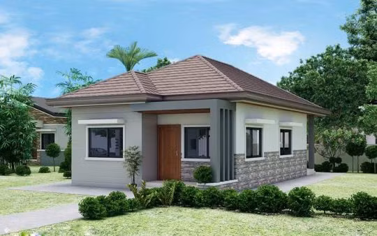  Mẫu nhà vườn cấp 4 80m2 hiện đại với kiến trúc đơn giản. Phần chân tường ốp đá tự nhiên đẹp mắt, vững chắc và bề thế. Ảnh: Wedo.