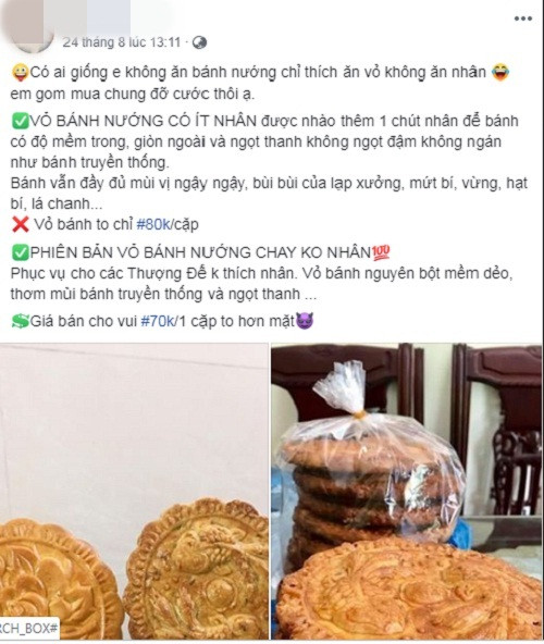 Giá mỗi chiếc bánh trung thu không nhân được rao bán đầy trên mạng, có giá từ 30.000 - 50.000 đồng. Ảnh chụp màn hình Facebook.