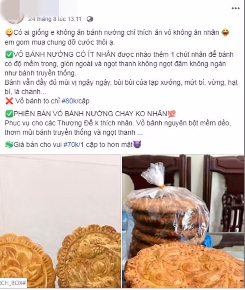 Giá mỗi chiếc bánh trung thu không nhân được rao bán đầy trên mạng, có giá từ 30.000 - 50.000 đồng. Ảnh chụp màn hình Facebook.