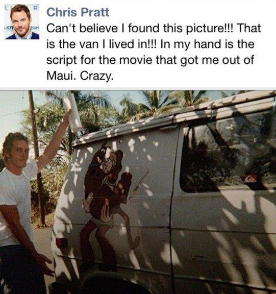 Năm 19 tuổi, Pratt mua lại vé xe một chiều đi Hawaii. Tại đây, anh sống trong “tổ ấm” là một chiếc xe tải cũ nát. Nam diễn viên khẳng định đây là một nơi “tuyệt vời”. Ảnh: Chris Pratt/Facebook.