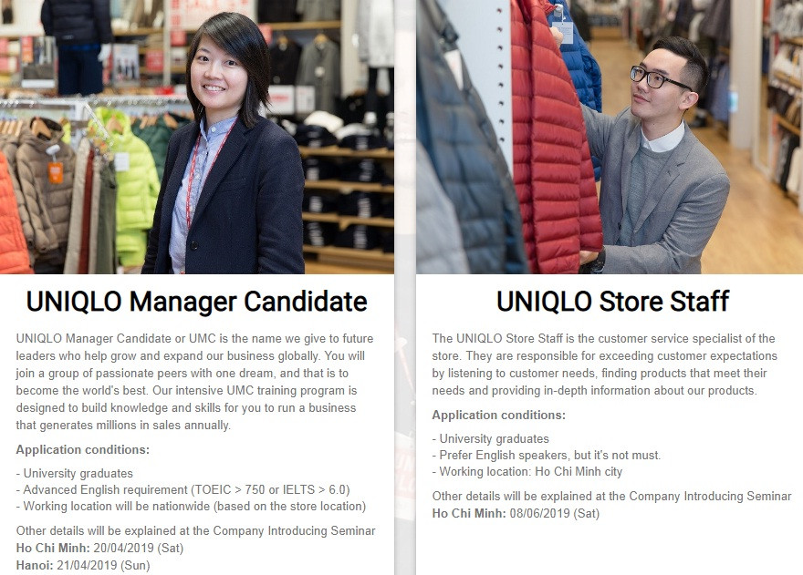 Uniqlo thông báo tuyển dụng 2 nhân sự tại Việt Nam. Ảnh chụp màn hình.