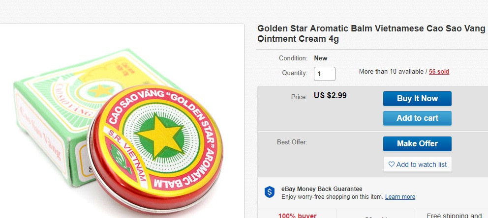 Trong khi đó, trên eBay, một hộp cao Sao Vàng 4g được rao bán với giá 2,9 USD (gần 70.000 đồng). Ảnh chụp màn hình.