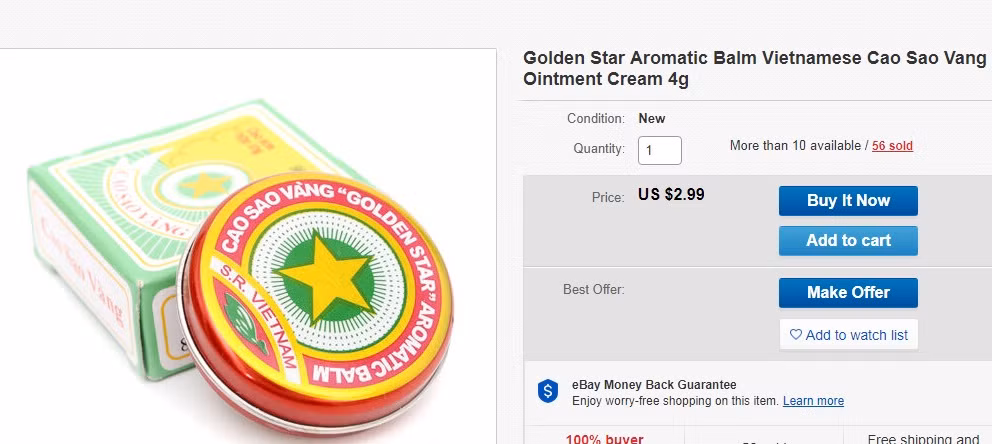 Trong khi đó, trên eBay, một hộp cao Sao Vàng 4g được rao bán với giá 2,9 USD (gần 70.000 đồng). Ảnh chụp màn hình.
