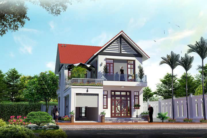  Mẫu nhà 2 tầng mái thái thiết kế chữ L 4 phòng ngủ, tận dụng khoảng khuyết góc làm sân và chỗ để xe ô tô. Ảnh: Wedo.