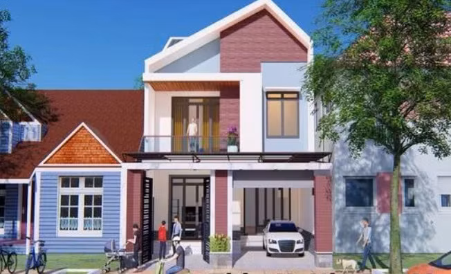 Nhà ống 2 tầng hiện đại nổi bật với hai khối trụ vuông ngoài mặt tiền. Ảnh: Thietkenhadepmoi.