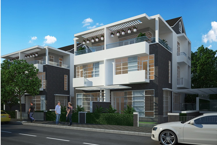 Mặt tiền tầng 2 và 3 nổi bật trên nền màu trầm khiến căn biệt thự càng thêm sang trọng. Ảnh: Jamonagoldensilk.