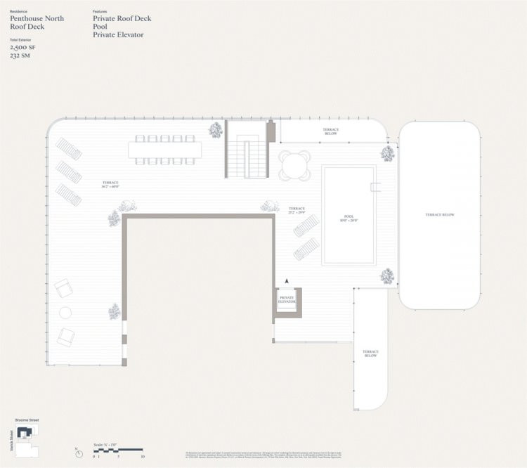 Trên tầng ba của căn penthouse là sân ngoài trời riêng rộng lớn với hồ bơi, khu vực ăn uống và chỗ tắm nắng.