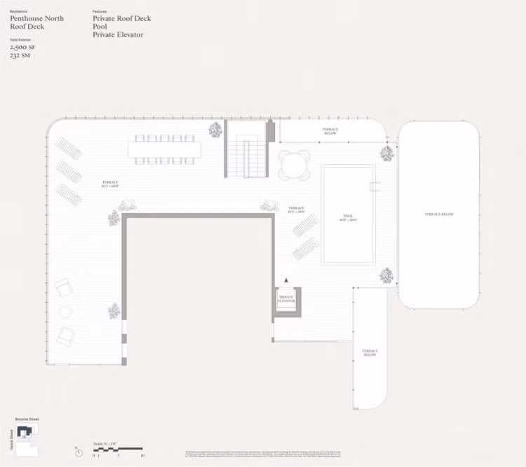 Trên tầng ba của căn penthouse là sân ngoài trời riêng rộng lớn với hồ bơi, khu vực ăn uống và chỗ tắm nắng.