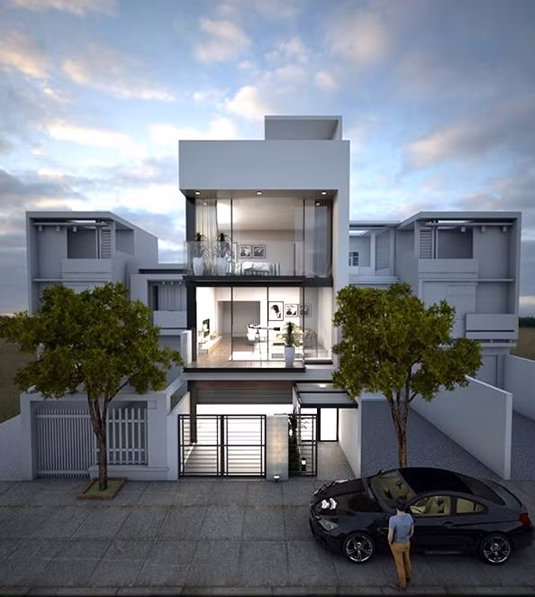 Nhà ống 3 tầng được tạo theo dạng các khối hình học vuông vức xếp chồng lên nhau, làm toát lên vẻ đẹp khỏe khoắn. Ảnh: Kientrucboba.