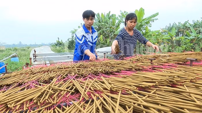 Đi đâu cũng bắt gặp hàng loạt giá tre phơi hương trong làng. Ảnh: Baocongthuong.
