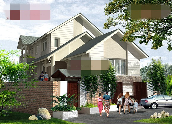 Nhà 2 tầng mái lệch ấn tượng với cách đan xen màu trắng và màu trắng kem trên khối tường. Ảnh: Angcovat.