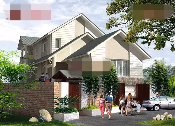 Nhà 2 tầng mái lệch ấn tượng với cách đan xen màu trắng và màu trắng kem trên khối tường. Ảnh: Angcovat.