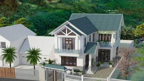 Nhà 2 tầng mái thái đơn giản hình chữ L gồm 4 phòng ngủ, 1 phòng thờ. Ảnh: Thietkenhadepmoi.