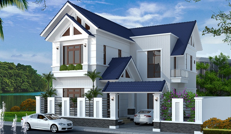 Nhà 2 tầng mái thái mặt tiền 10m sử dụng tông màu trung tính chủ đạo, phối cùng màu trắng và màu xanh ghi làm tăng cảm giác gần gũi và ấm áp. Ảnh: Thietkenhadepaau.