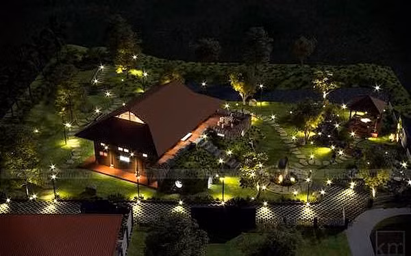 Ngôi nhà nằm giữa mảnh đất vuông vắn có diện tích lớn. Phần lớn diện tích đất được sử dụng làm sân vườn, trồng cây và tạo hình non bộ. Ảnh: Thegioitre.