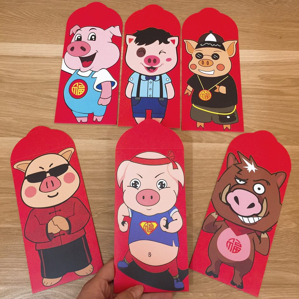 Phong bao lì xì in hình các chú heo ngộ nghĩnh với đầy đủ kiểu dáng, màu sắc khác nhau được rao bán từ 15.000 - 70.000 đồng/10 chiếc. Ảnh: FB Đỗ Trang.