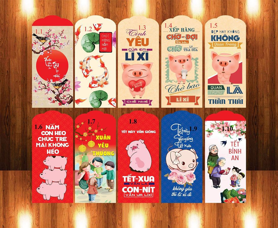 Ngoài ra còn có nhiều phong bao lì xì với đủ loại sắc màu cùng các câu nói vui nhộn của giới trẻ. Ảnh: Facebook.