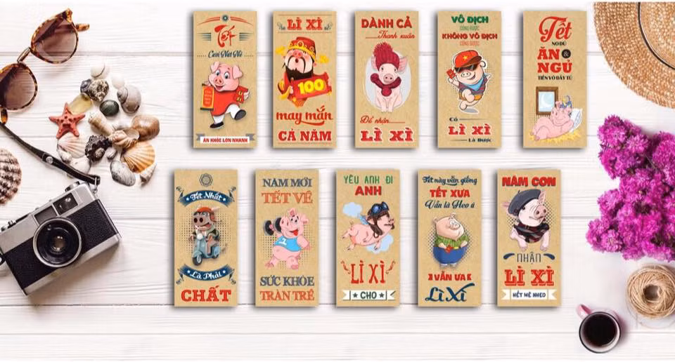 Cùng với hình ảnh chú heo ngộ nghĩnh, trên bao lì xì còn có các câu nói mang ý nghĩa vui nhộn, trẻ trung...Ảnh: Facebook.