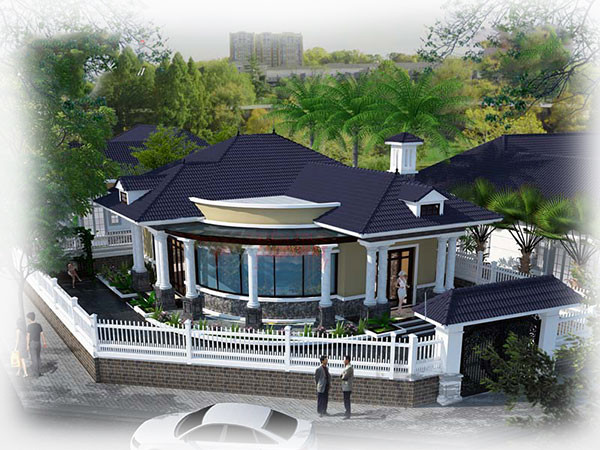 Biệt thự vườn mang hơi hướng kiểu kiến trúc Pháp với mái ngói màu xanh và hàng rào màu trắng. Ảnh: Thietkehomexinh.